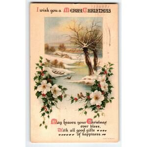 Vintage 1911 Christmas Postcard Winter Scene with Holly & Flowers
